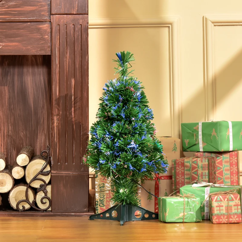 HOMCOM 60cm 2ft Pre-Lit Fiber Optic Christmas Tree Artificial Spruce Tree Multi-Color w/ Stand