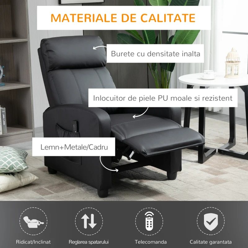HOMCOM Fotoliu pentru relaxare cu masaj cu 8 moduri si 5 intensitati, cu suport pentru picioare si telecomanda, din piele PU, negru(m-5)