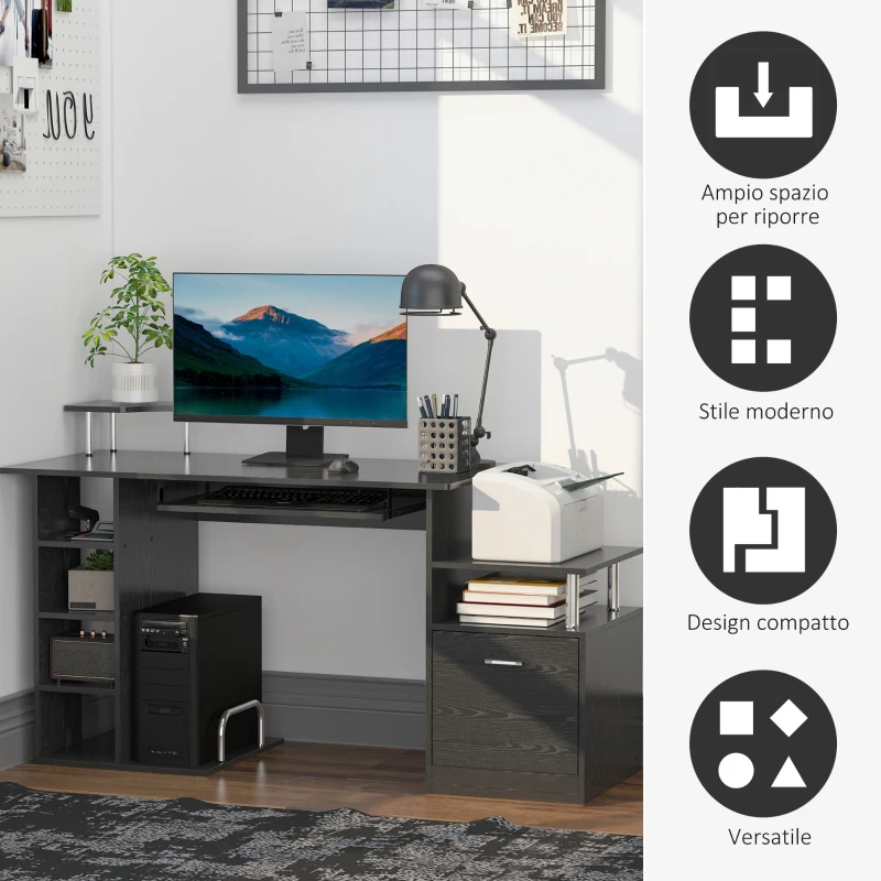 HOMCOM Scrivania per Computer Moderna con Cassetti, Ripiani e Tastiera Estraibile, Scrivania da Ufficio per Casa in Legno Nero 152x60x88cm