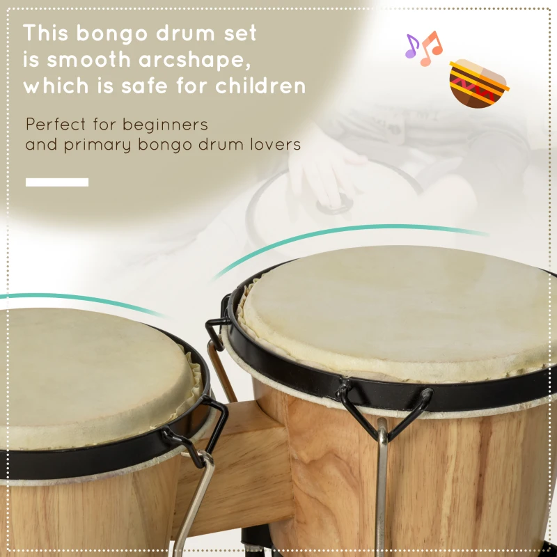 HOMCOM Wooden Bongo Drum Set, Φ7.75" & Φ7", Sheepskin Drum Head, Percussion Instrument, Includes Tuning Wrench & Bag, for Kids Adults Beginners