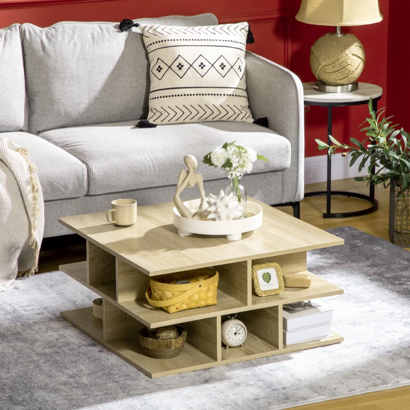 HOMCOM Mese de cafea patrata pentru camera de zi, masa de cocktail moderna cu rafturi multiple de depozitare, 70 x 70 x 36,5 cm, naturala