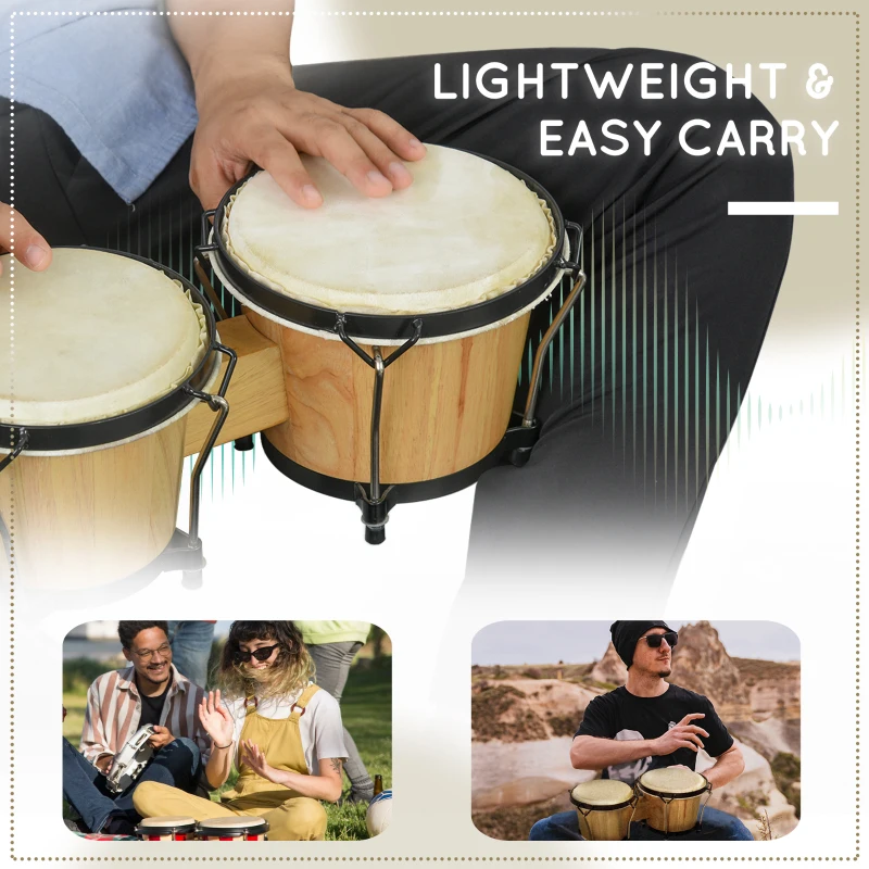 HOMCOM Wooden Bongo Drum Set, Φ7.75" & Φ7", Sheepskin Drum Head, Percussion Instrument, Includes Tuning Wrench & Bag, for Kids Adults Beginners