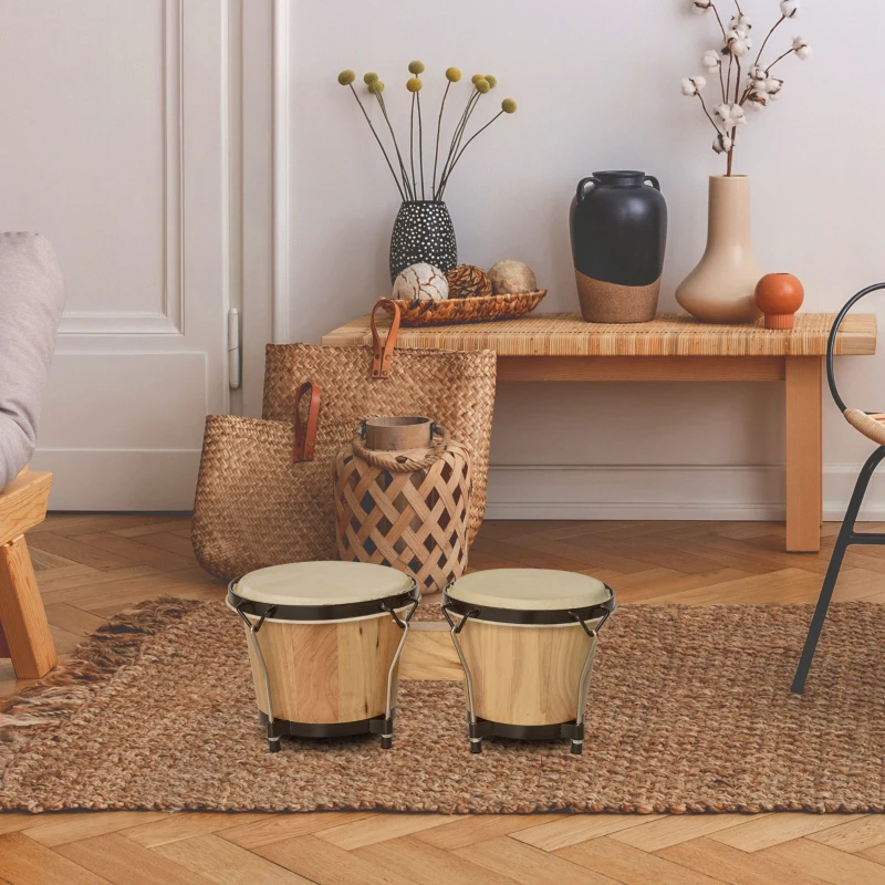 HOMCOM Wooden Bongo Drum Set, Φ7.75" & Φ7", Sheepskin Drum Head, Percussion Instrument, Includes Tuning Wrench & Bag, for Kids Adults Beginners