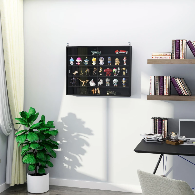 HOMCOM 5-Tier Wall Display Shelf Unit Cabinet w/ 4 Adjustable Shelves Glass Doors Home Office Ornaments 60x80cm Black