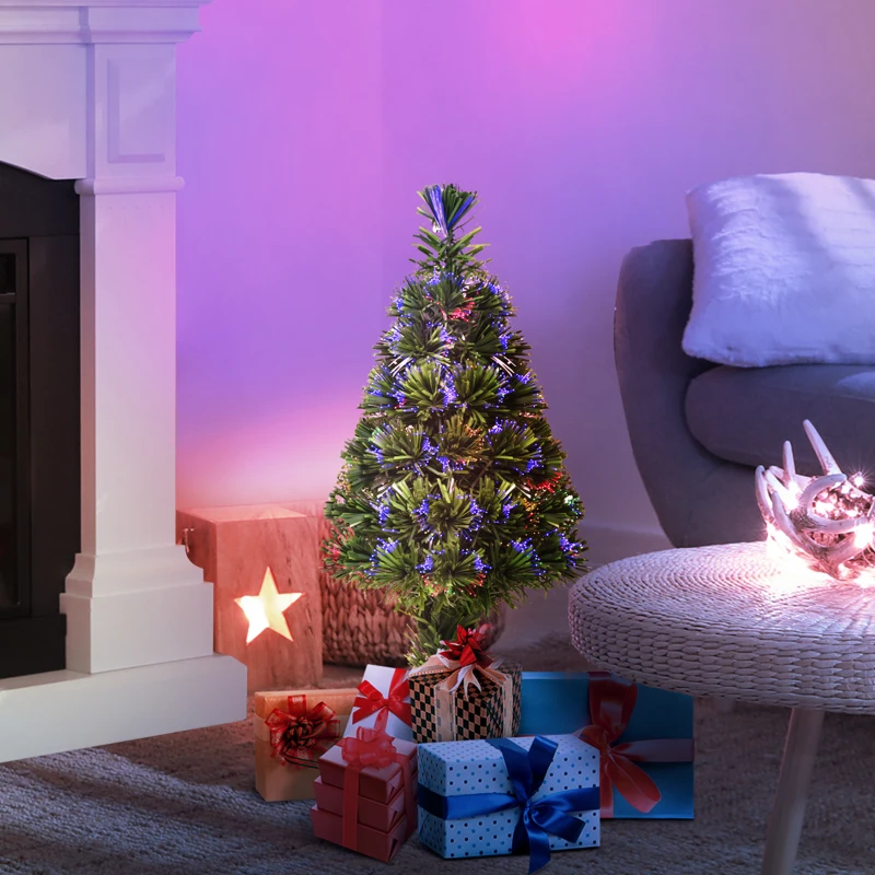HOMCOM 60cm 2ft Pre-Lit Fiber Optic Christmas Tree Artificial Spruce Tree Multi-Color w/ Stand