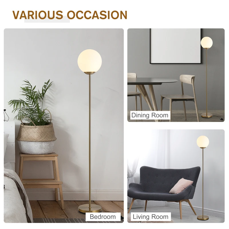 HOMCOM 171cm Glass Globe Floor Lamp, Metal Frame Sphere Light Pedal Switch, Modern Unique Standing Beautiful Furnishing, for Home, Office, Living Room, Gold