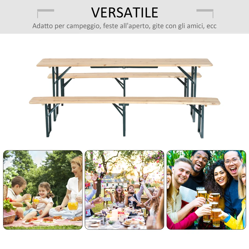Outsunny Set Birreria da Giardino a 3pz Tavolo con 2 Panche Pieghevole in Legno di Abete
