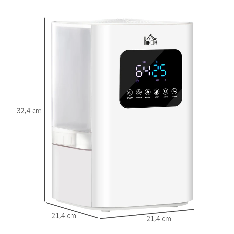 HOMCOM 6L Warm Cool Mist Humidifiers for Bedroom, Up to 13H for 40 ㎡, Quiet Air Humidifiers with Remote, LED Display, Auto Mode, White