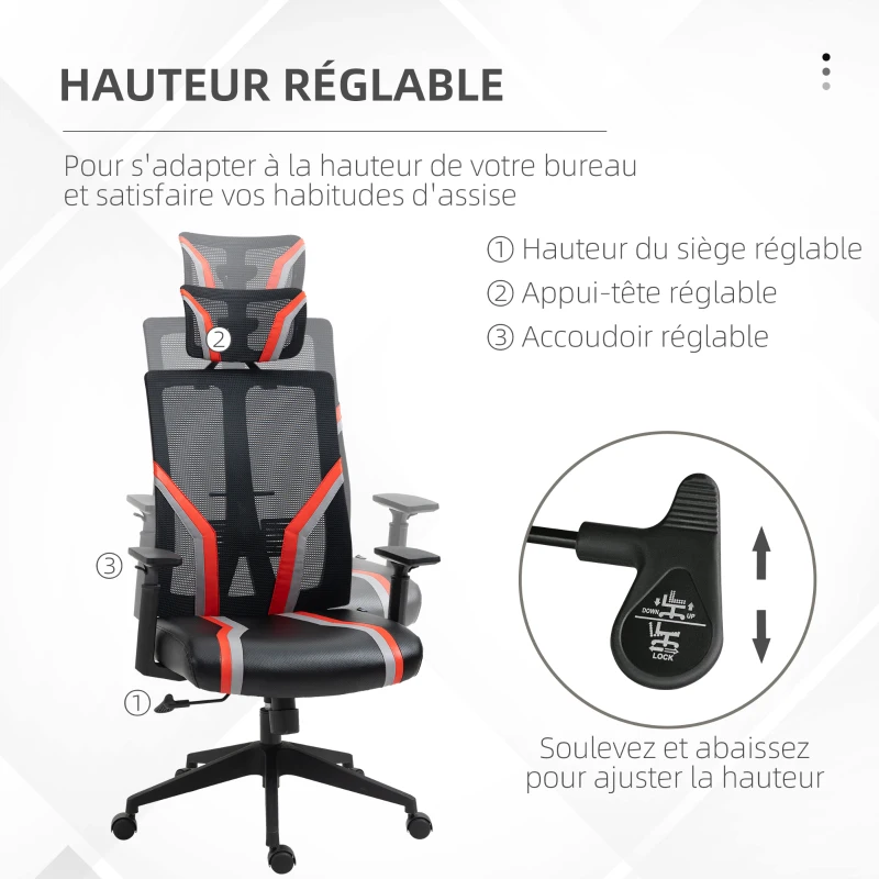 Vinsetto Fauteuil de bureau style gaming pivotant dossier hauteur réglable 67 x 62 x 122-130 cm noir et rouge
