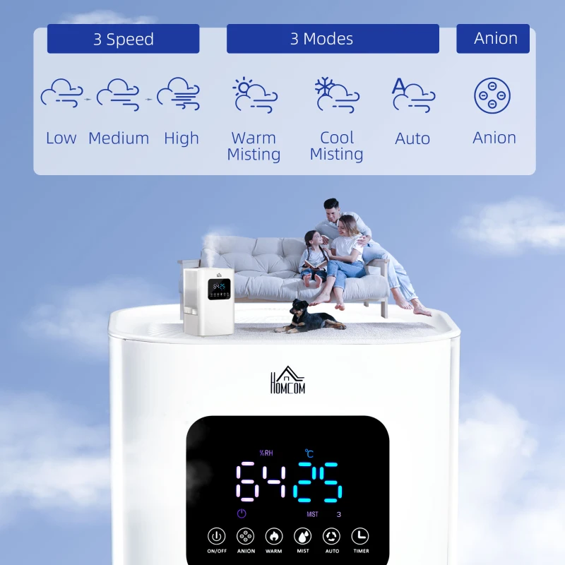 HOMCOM 6L Warm Cool Mist Humidifiers for Bedroom, Up to 13H for 40 ㎡, Quiet Air Humidifiers with Remote, LED Display, Auto Mode, White