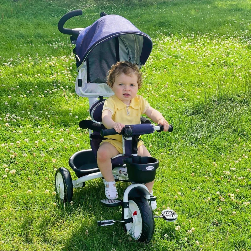 HOMCOM 4 in 1 Tricycle for Kids Toddler Folding Trike with Parent Handle Reversible Seat Adjustable Handle Removable Canopy Safety Belt Blue