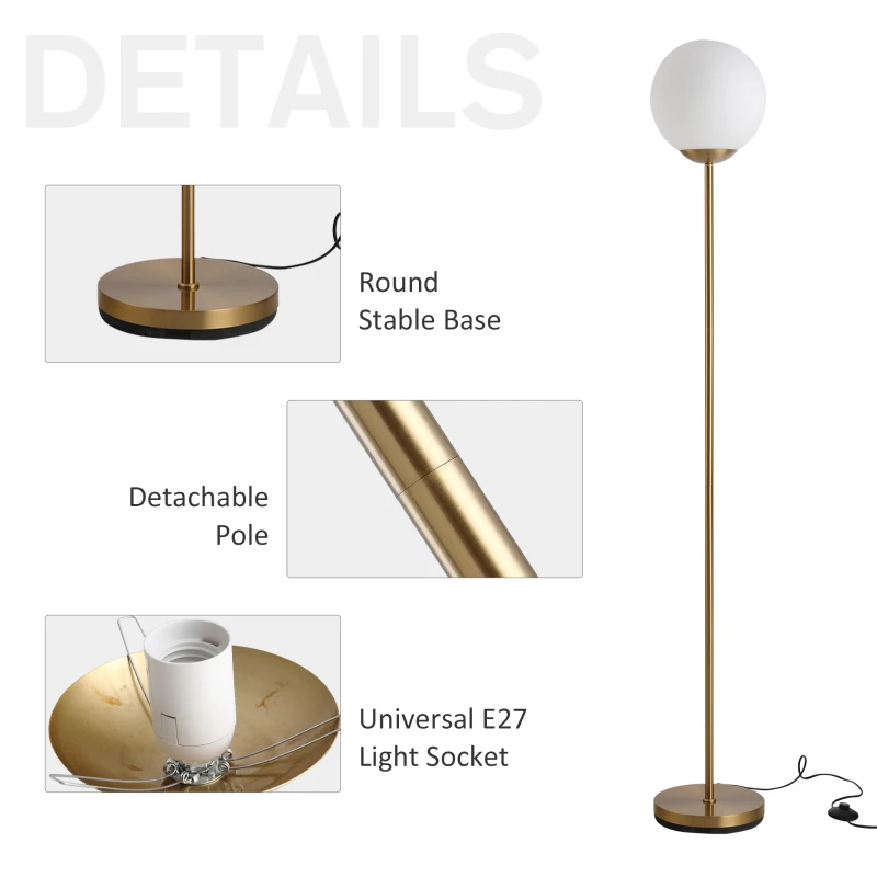 HOMCOM 171cm Glass Globe Floor Lamp, Metal Frame Sphere Light Pedal Switch, Modern Unique Standing Beautiful Furnishing, for Home, Office, Living Room, Gold