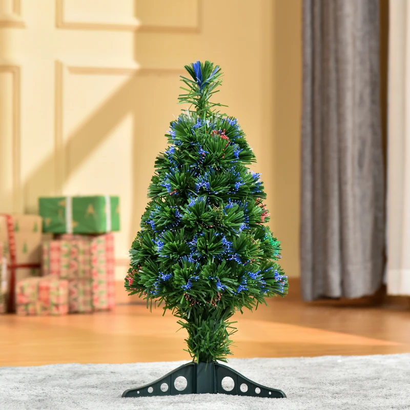 HOMCOM 60cm 2ft Pre-Lit Fiber Optic Christmas Tree Artificial Spruce Tree Multi-Color w/ Stand