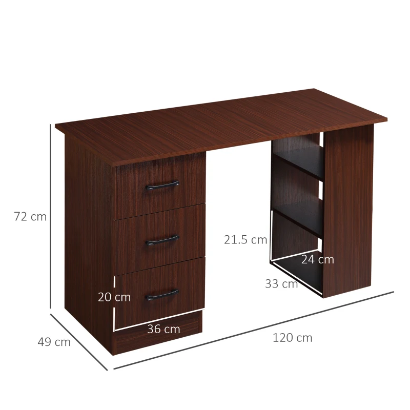 HOMCOM Birou cu 3 sertare si 3 rafturi reversibile, birou din lemn de 120 cm, culoare nuc(m-3)