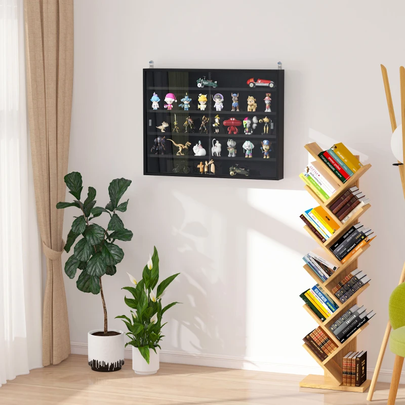 HOMCOM 5-Tier Wall Display Shelf Unit Cabinet w/ 4 Adjustable Shelves Glass Doors Home Office Ornaments 60x80cm Black