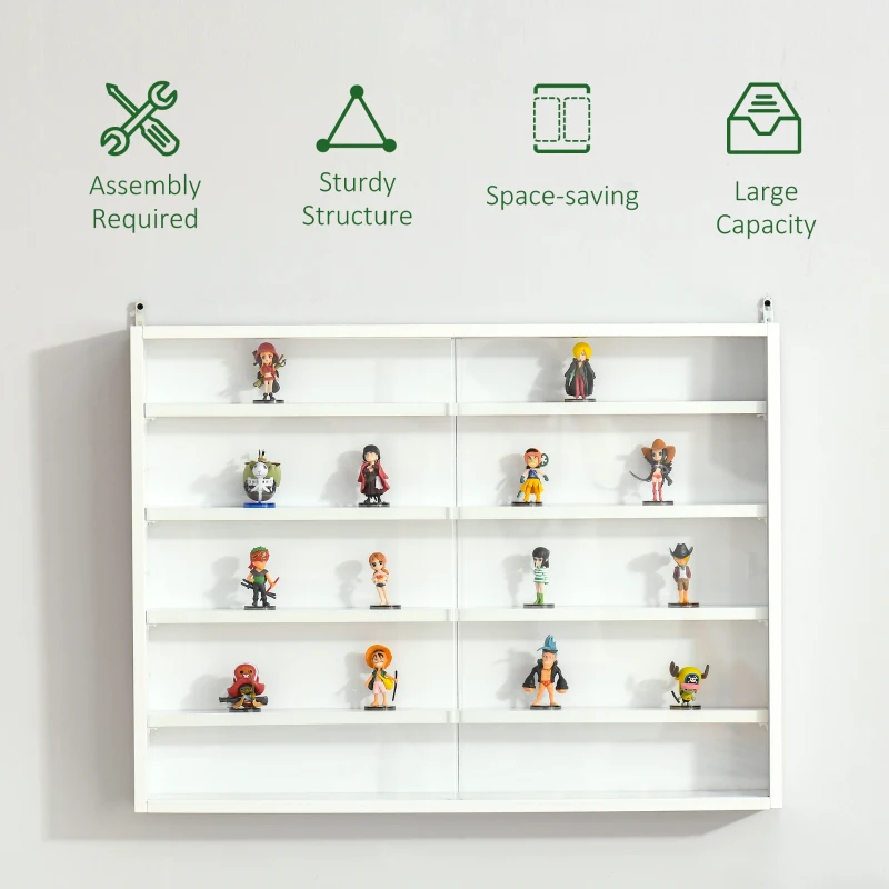 HOMCOM 5-Tier Wall Display Shelf Unit Cabinet w/ 4 Adjustable Shelves Glass Doors Home Office Ornaments 60x80cm White