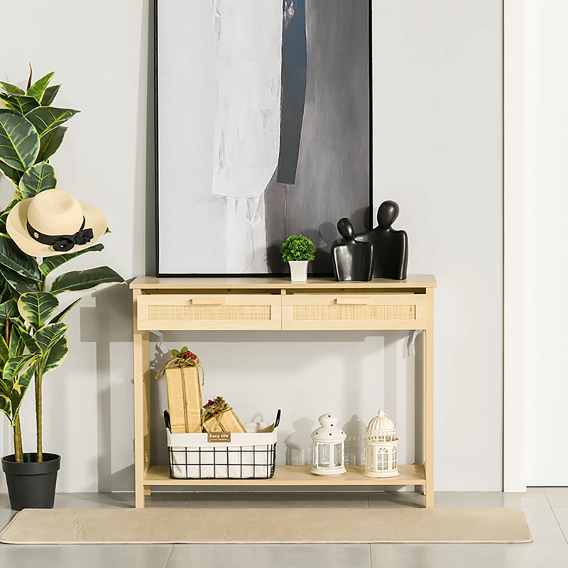 HOMCOM Mesa consola tipo aparador em malha com 2 gavetas e prateleira inferior para o corredor Quarto sala de estar 100x30x76 cm Natural