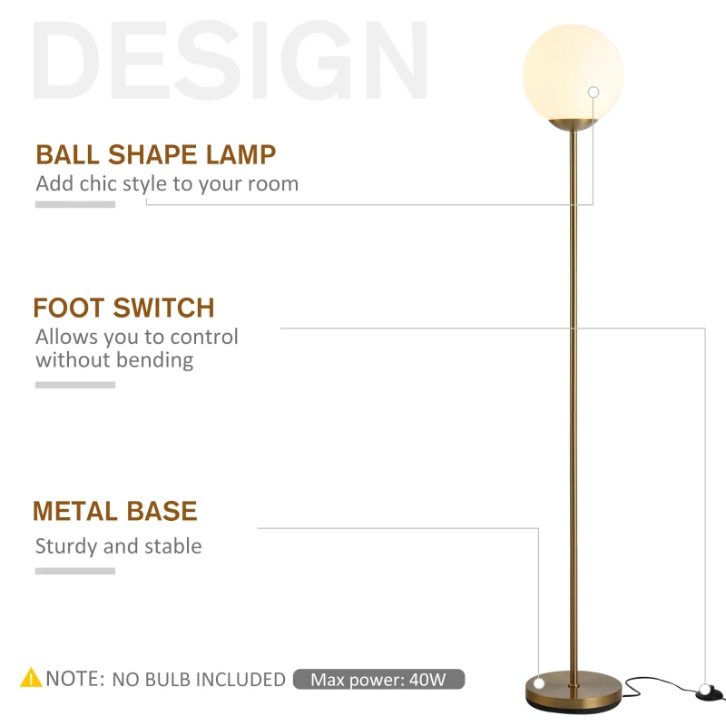 HOMCOM 171cm Glass Globe Floor Lamp, Metal Frame Sphere Light Pedal Switch, Modern Unique Standing Beautiful Furnishing, for Home, Office, Living Room, Gold