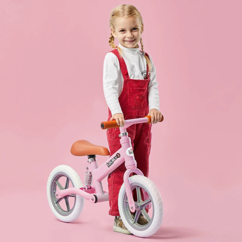 HOMCOM 12" Kids Balance Bike No Pedal Bicycle EVA Tire Adjustable Seat Toddler Training Bike W/ Shock Absorber 2 - 5 Years Gift for Boys Girls Pink