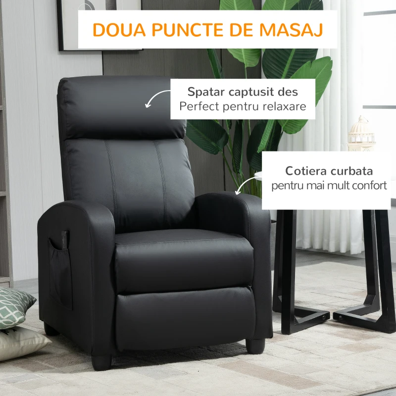 HOMCOM Fotoliu pentru relaxare cu masaj cu 8 moduri si 5 intensitati, cu suport pentru picioare si telecomanda, din piele PU, negru(m-4)