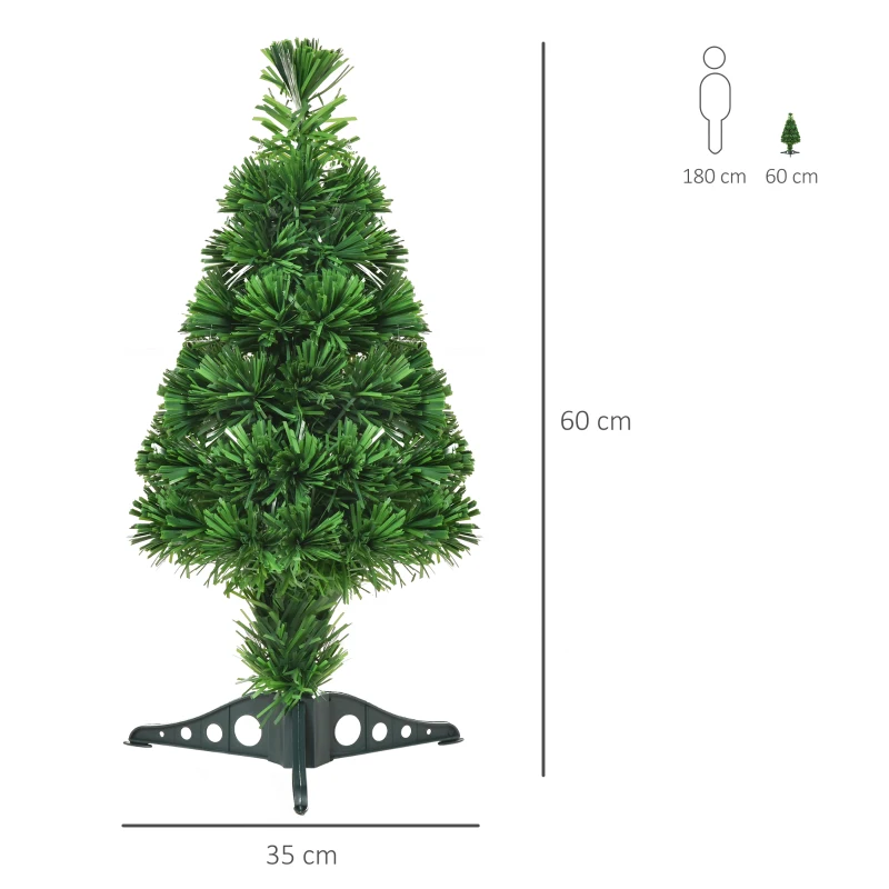HOMCOM 60cm 2ft Pre-Lit Fiber Optic Christmas Tree Artificial Spruce Tree Multi-Color w/ Stand
