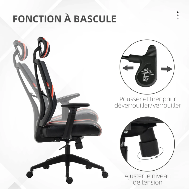 Vinsetto Fauteuil de bureau style gaming pivotant dossier hauteur réglable 67 x 62 x 122-130 cm noir et rouge
