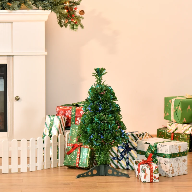 HOMCOM 60cm 2ft Pre-Lit Fiber Optic Christmas Tree Artificial Spruce Tree Multi-Color w/ Stand