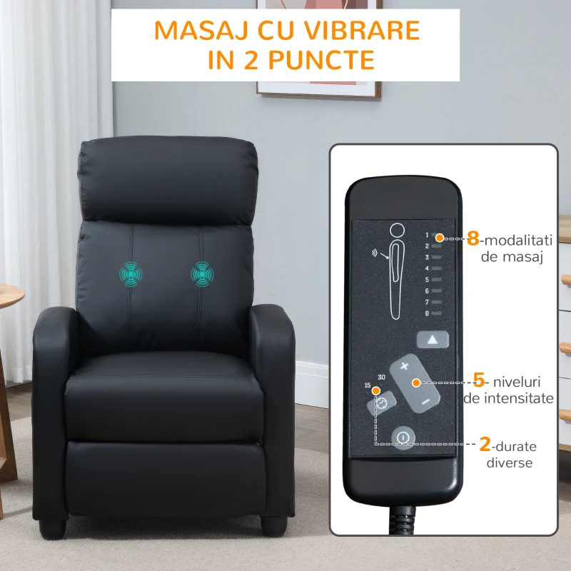HOMCOM Fotoliu pentru relaxare cu masaj cu 8 moduri si 5 intensitati, cu suport pentru picioare si telecomanda, din piele PU, negru(m-7)
