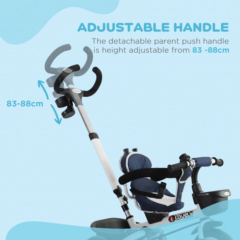 HOMCOM 4 in 1 Tricycle for Kids Toddler Folding Trike with Parent Handle Reversible Seat Adjustable Handle Removable Canopy Safety Belt Blue