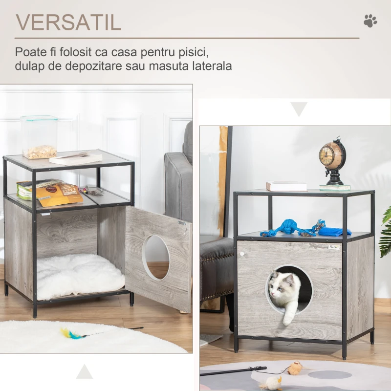 PawHut Casuta pentru Pisici Dulapior Multifunctional cu Perna Lavabila si Etajere - Gri