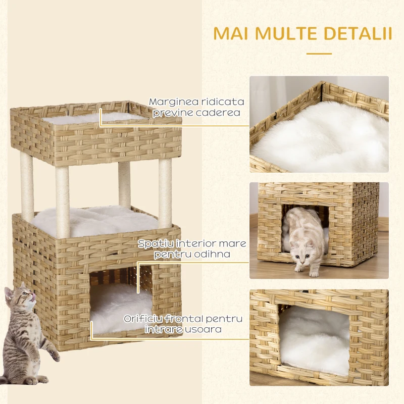 PawHut Casuta pentru Pisici din rattan PE cu 3 Niveluri cu Perne de Plus Lavabile, 40x40x70cm - Lemn