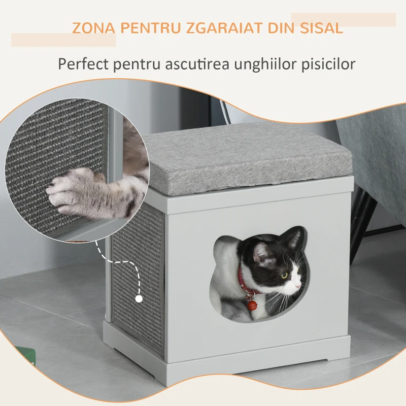 PawHut culcus din lemn pentru pisici 41x30x36 cm gri