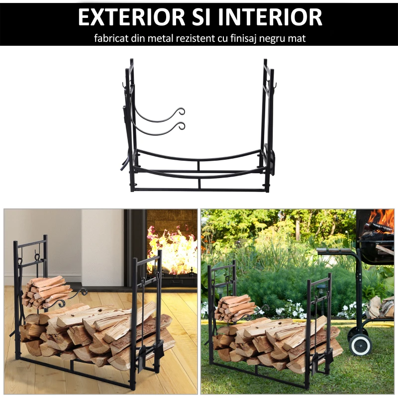 Outsunny Suport lemne de Interior si Exterior din Metal cu Accesorii pentru Semineu