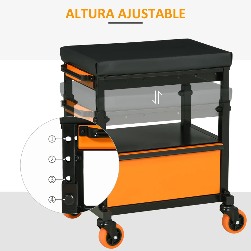 DURHAND Taburete Mecánico con Ruedas para Taller con Altura Ajustable 3 Cajones y Estante 46x36,5x45 cm Negro y Naranja