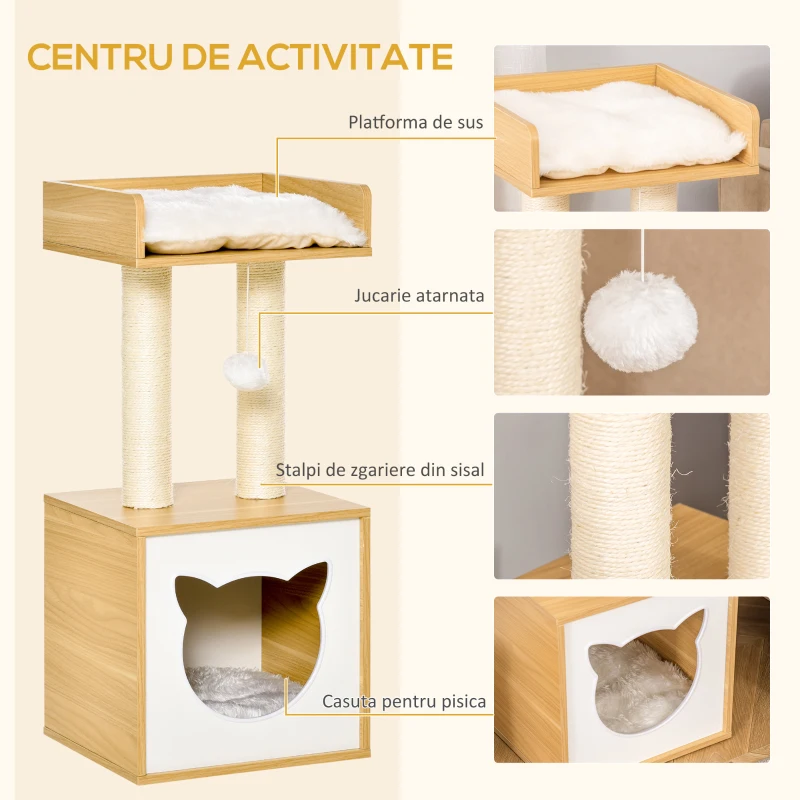 PawHut casuta pentru pisici 35x35x81cm, stejar, alb
