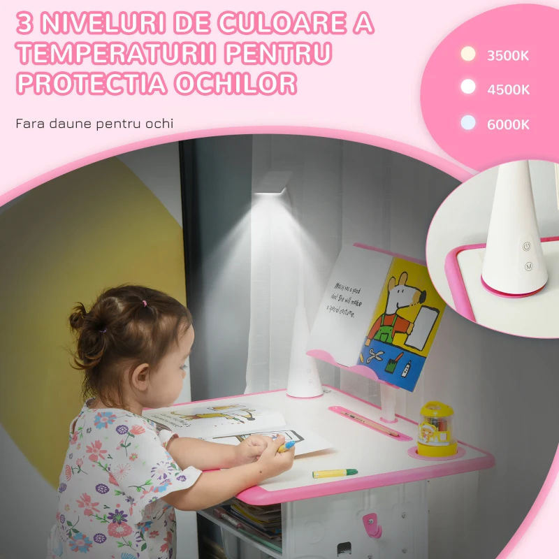 Homcom Set Birou Copii 6–12 Ani – Reglabil cu Lampa Roz