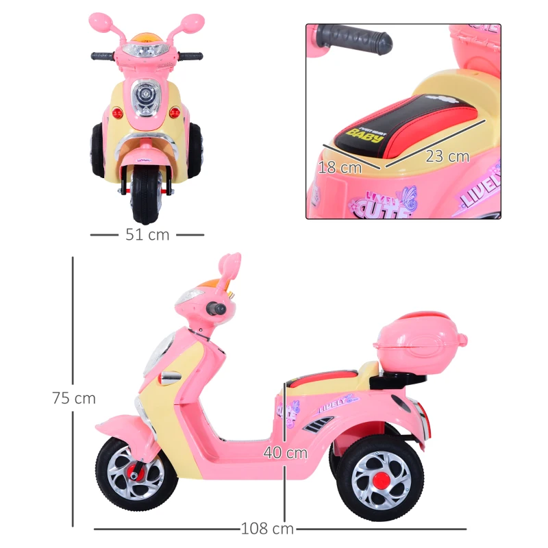 HOMCOM Motoreta Tricicleta Electrica pentru Fetite 6V cu Lumini si Muzica, Roz(m-3)