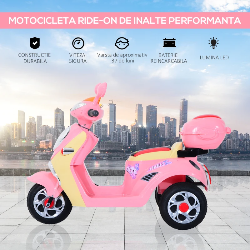 HOMCOM Motoreta Tricicleta Electrica pentru Fetite 6V cu Lumini si Muzica, Roz(m-5)