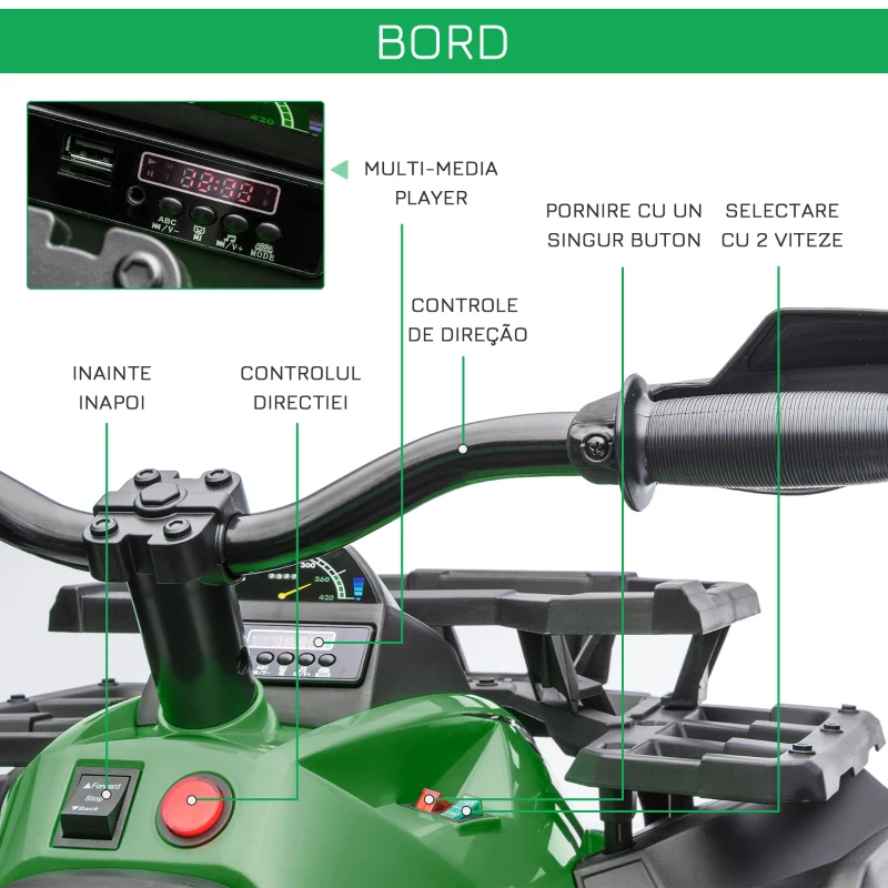 Homcom ATV Electric 12V – Copii 3–5 Ani, Cu Faruri & Baterie