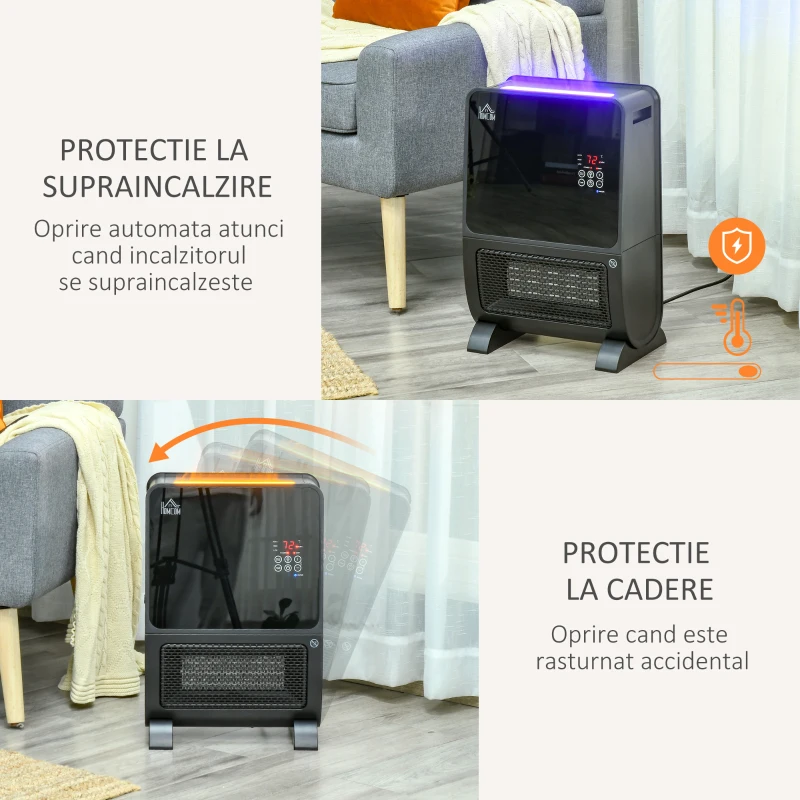 HOMCOM Soba Electrica cu Umidificator, Lumina LED in 3 culori, Temporizator si Telecomanda