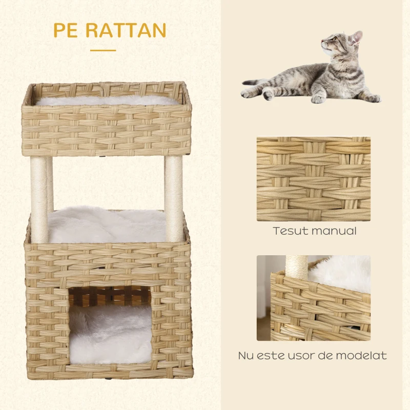 PawHut Casuta pentru Pisici din rattan PE cu 3 Niveluri cu Perne de Plus Lavabile, 40x40x70cm - Lemn