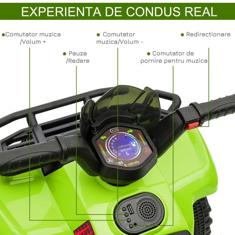 HOMCOM Quad Electric pentru Copii Baterie 6V Faruri Functionale si Pedale Verde