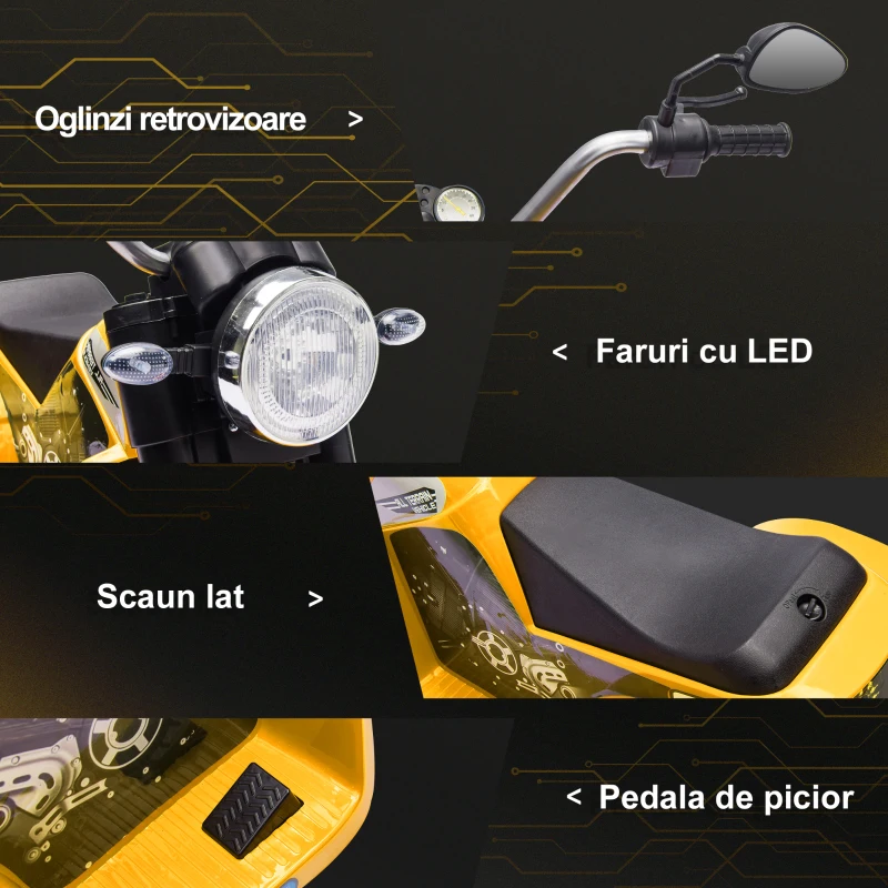HOMCOM Motocicleta Electrica pentru Copii 3 Roti Lumini Sunete Baterie 6V Viteza 2km/h