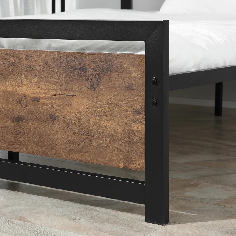 HOMCOM Cadru Pat de o persoana din Lemn si Otel cu Sipci in Stil Industrial, 140x200cm, Negru / Maro Rustic