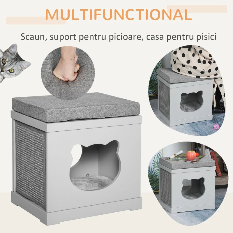 PawHut culcus din lemn pentru pisici 41x30x36 cm gri