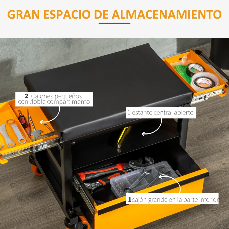 DURHAND Taburete Mecánico con Ruedas para Taller con Altura Ajustable 3 Cajones y Estante 46x36,5x45 cm Negro y Naranja