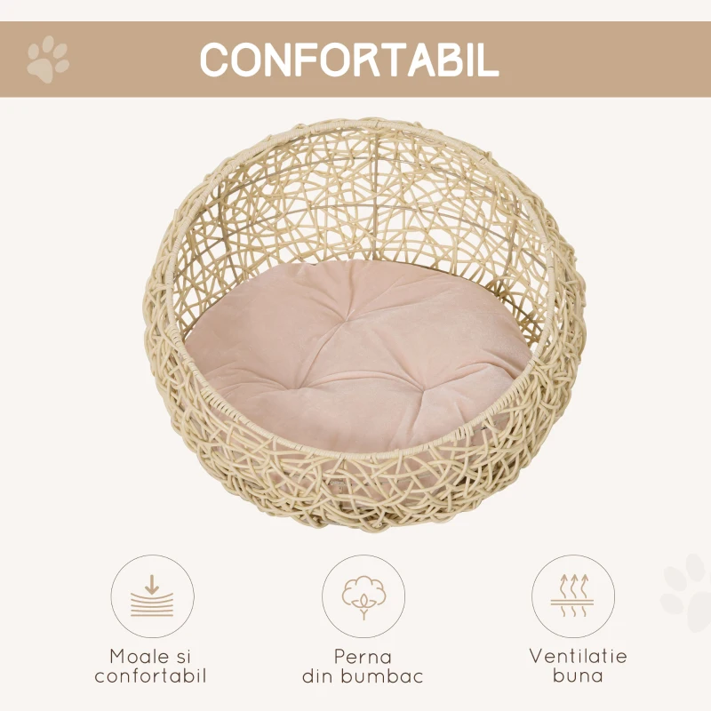 PawHut Pat pentru Pisici din Rattan cu Perna din Lin si Bumbac Bej Ф56 x 35 cm