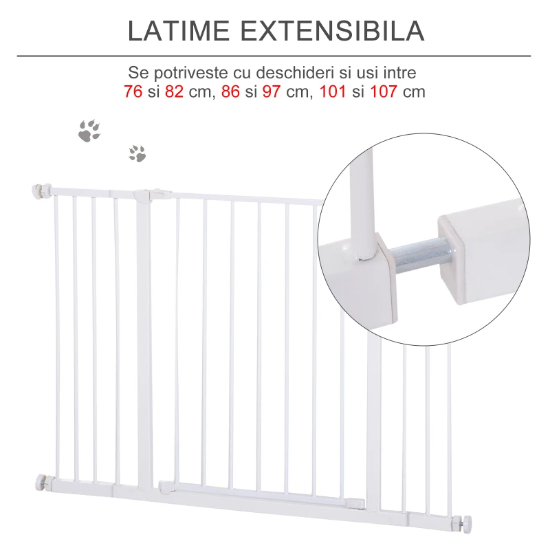 PawHut Ușă de Siguranță Extensibilă pentru Câini cu Montaj prin Presiune, 76x76 cm, Alb