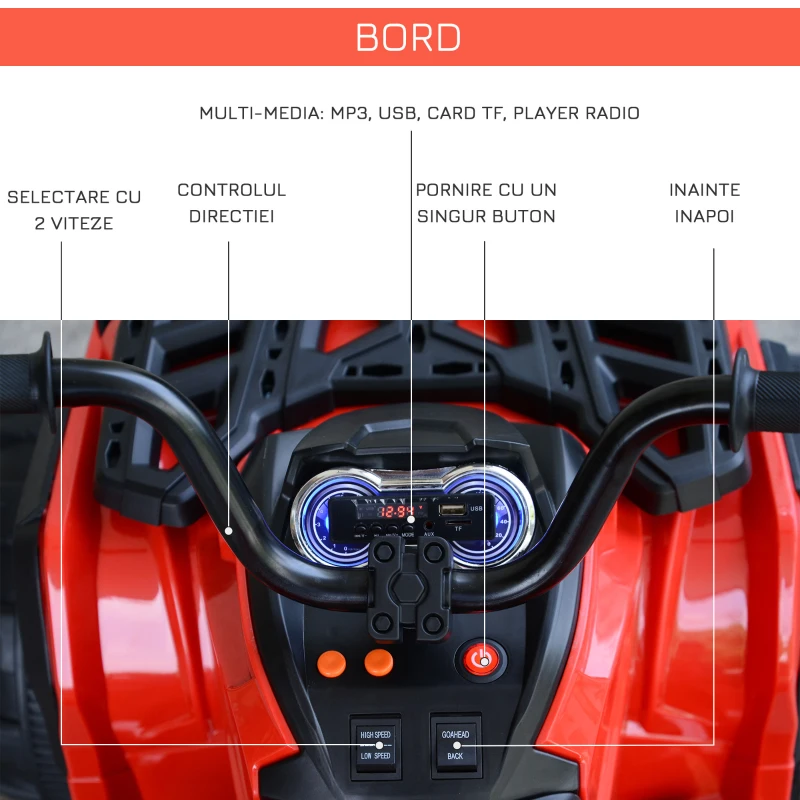 HOMCOM ATV pentru Copii Electric 12V 2 Viteza 3-5km/h Mufa USB Rosu