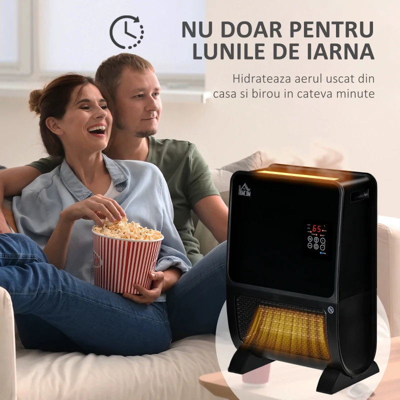 HOMCOM Soba Electrica cu Umidificator, Lumina LED in 3 culori, Temporizator si Telecomanda
